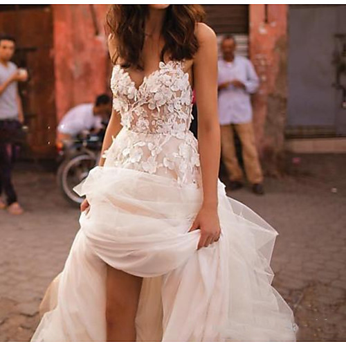 

A-Line Sweetheart Neckline Court Train Polyester Sleeveless Country Plus Size Wedding Dresses with Lace Insert / Appliques 2020