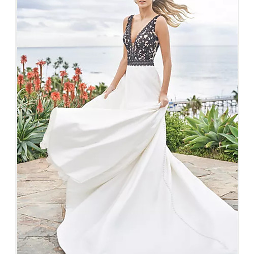 

A-Line V Neck Sweep / Brush Train Satin Sleeveless Beach Plus Size / Black Wedding Dresses with Appliques 2020