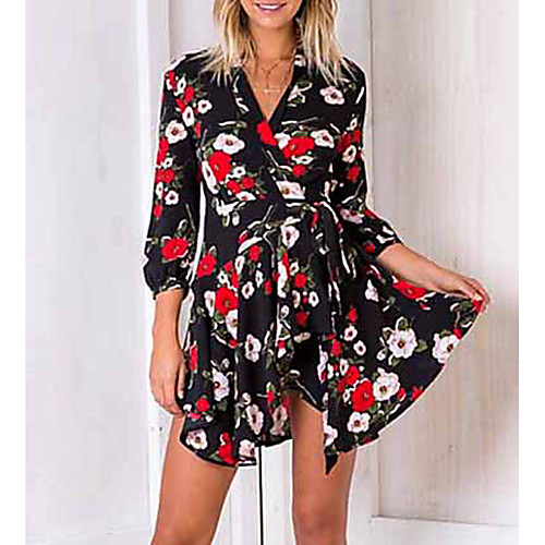 

Women's Red Orange Dress Sheath Print V Neck S M