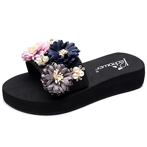 

Women's Slippers & Flip-Flops Glitter Crystal Sequined Jeweled Flat Heel Open Toe Rhinestone / Imitation Pearl / Satin Flower Polyester Casual / Minimalism Walking Shoes Summer Black