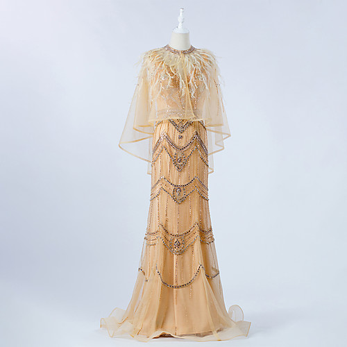 

A-Line / Two Piece V Neck Sweep / Brush Train Tulle Luxurious / Gold Engagement / Formal Evening Dress with Beading / Crystals 2020