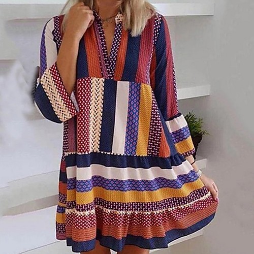 

Women's Brown Dress Shift Color Block V Neck S M
