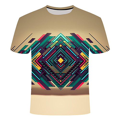 

Men's Daily Going out Basic T-shirt - Geometric / 3D / Abstract Print Khaki