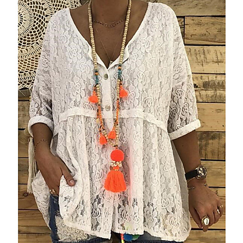 

Women's Daily Boho Loose Blouse - Solid Colored Lace V Neck White / Spring / Summer