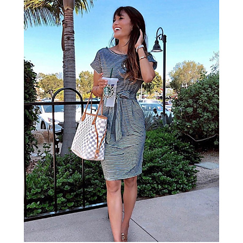 

Women's Royal Blue Black Dress Sheath Striped S M / Cotton