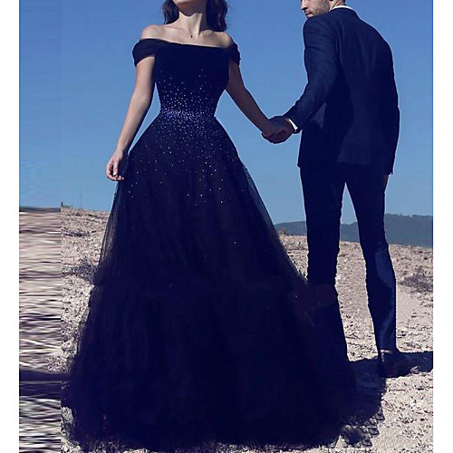 

A-Line Off Shoulder Court Train Polyester Cap Sleeve Country Plus Size / Black Wedding Dresses with Crystals 2020