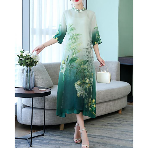 

Women's Green Dress A Line Floral L XL Loose