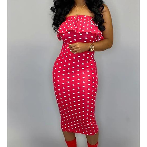 

Women's Yellow Red Dress Sheath Polka Dot Strapless S M