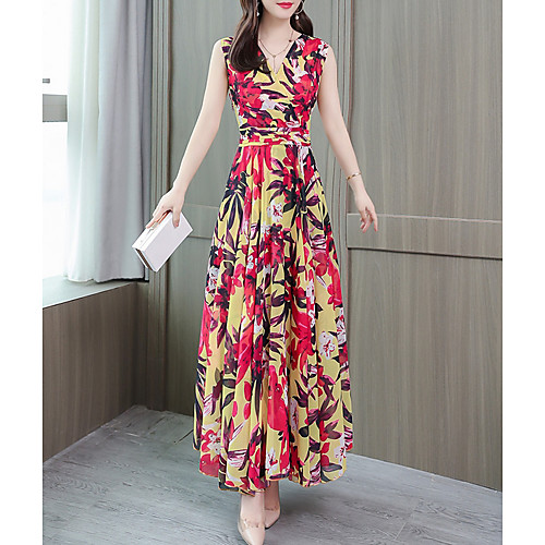 

Women's Maxi Yellow Red Dress Swing Floral V Neck M L
