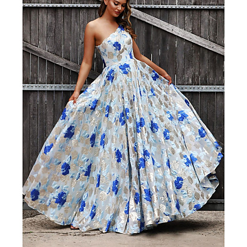 

Women's Maxi Blue Dress Swing Print One Shoulder S M