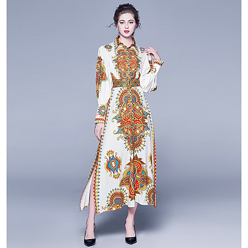 

Women's Yellow Dress A Line Print Shirt Collar M L