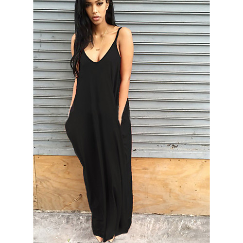 

Women's Maxi Wine Yellow Dress Shift Solid Color Strap Deep V S M Loose
