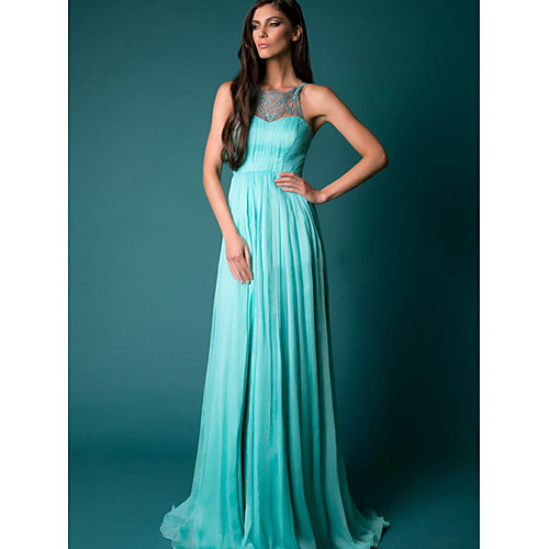 

A-Line Illusion Neck Sweep / Brush Train Chiffon Empire / Blue Prom / Formal Evening Dress with Pleats / Split 2020