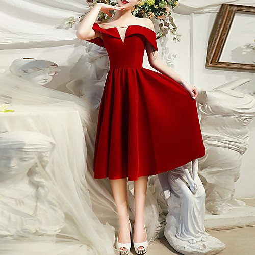

A-Line Off Shoulder Tea Length Spandex Hot / Red Cocktail Party / Prom Dress with Beading / Pleats 2020