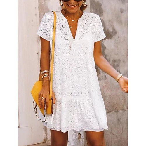 

Women's White Dress Beach Loose Solid Color V Neck Lace Hollow S M Loose