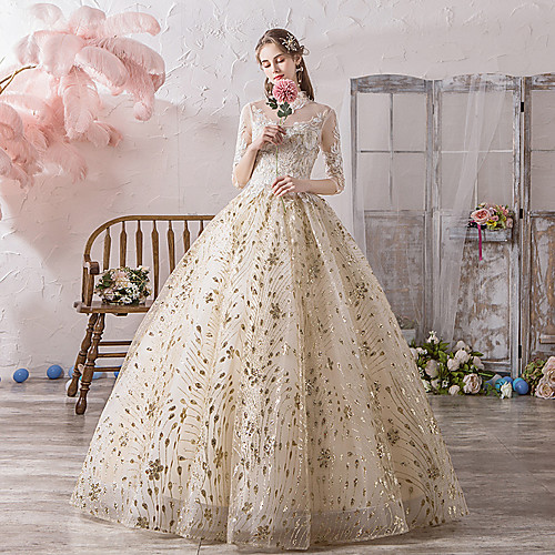 

Ball Gown Off Shoulder Floor Length Polyester / Lace / Tulle 3/4 Length Sleeve Country Wedding Dress in Color Wedding Dresses with Lace / Appliques 2020 / Illusion Sleeve