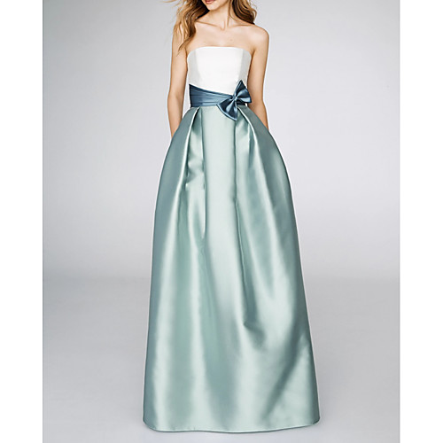 

A-Line Strapless Floor Length Satin Color Block / Blue Prom / Formal Evening Dress with Bow(s) / Pleats 2020