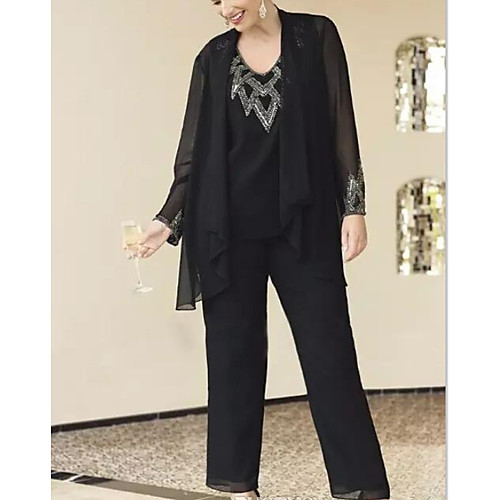 

Pantsuit / Jumpsuit V Neck Floor Length Polyester / Chiffon Long Sleeve Elegant Mother of the Bride Dress with Sequin Mother's Day 2020