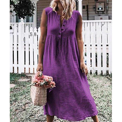 

Women's Purple Army Green Dress Shift Solid Color V Neck S M Loose