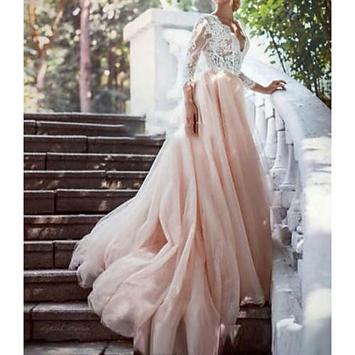 

A-Line Plunging Neck Sweep / Brush Train Polyester 3/4 Length Sleeve Country Plus Size Wedding Dresses with Lace Insert / Appliques 2020