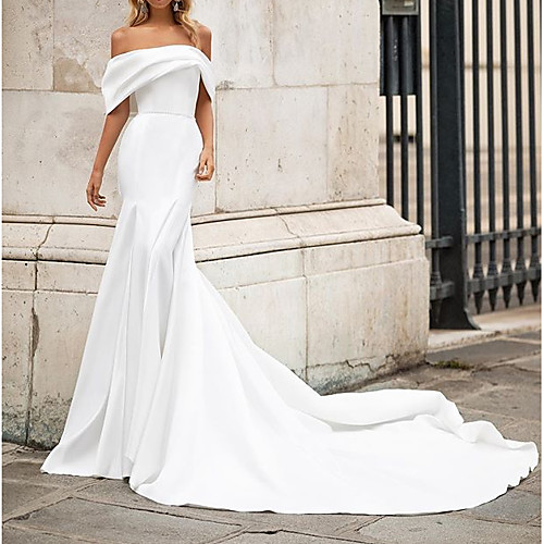 

Mermaid / Trumpet Off Shoulder Court Train Satin Short Sleeve Country Plus Size Wedding Dresses with Draping 2020