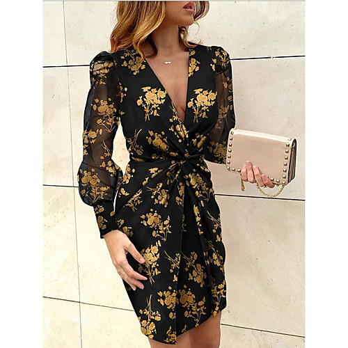 

Women's Yellow Blushing Pink Dress Sheath Print Deep V S M