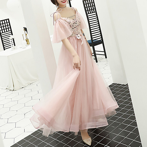 

A-Line V Neck Floor Length Tulle Floral / Pink Prom / Formal Evening Dress with Appliques 2020
