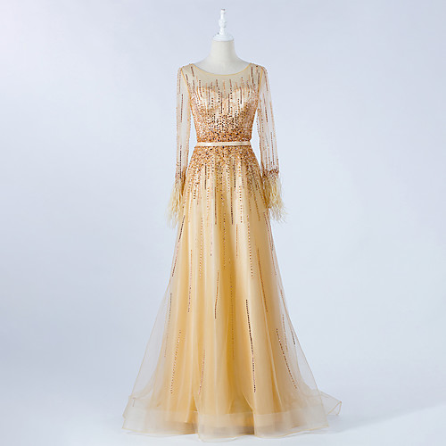 

A-Line Illusion Neck Sweep / Brush Train Tulle Luxurious / Gold Prom / Formal Evening Dress with Beading 2020 / Illusion Sleeve