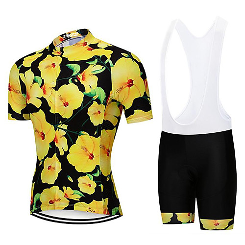 

21Grams Men's Short Sleeve Cycling Jersey with Bib Shorts Green / Yellow Floral Botanical Bike Clothing Suit UV Resistant Breathable 3D Pad Quick Dry Sweat-wicking Sports Patterned Mountain Bike MTB