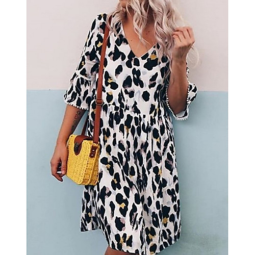 

Women's Purple Yellow Dress A Line Swing Leopard V Neck S M