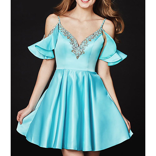 

A-Line V Neck Short / Mini Satin Sexy / Turquoise / Teal Homecoming / Cocktail Party Dress with Pleats / Crystals 2020