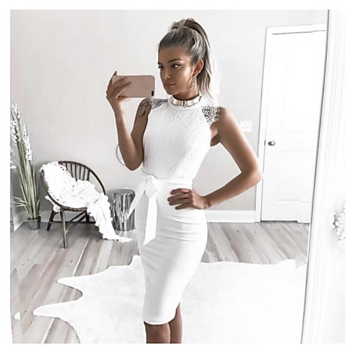 

Women's White Dress Sheath Solid Color Crew Neck S M Skinny