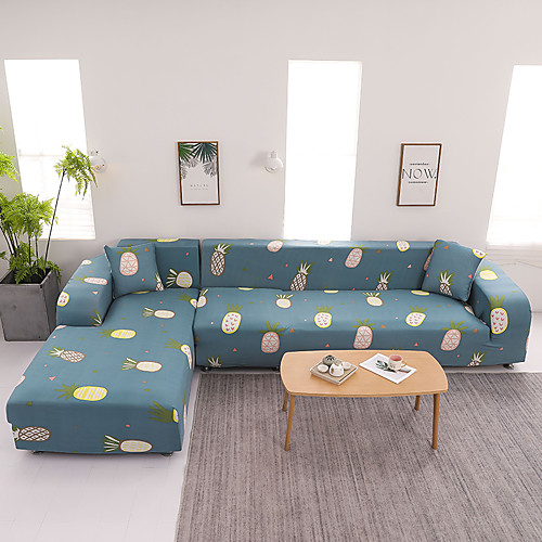 

Cartoon Pineapple Print Dustproof All-powerful Slipcovers Stretch L Shape Sofa Cover Super Soft Fabric Couch Cover with One Free Pillow Case