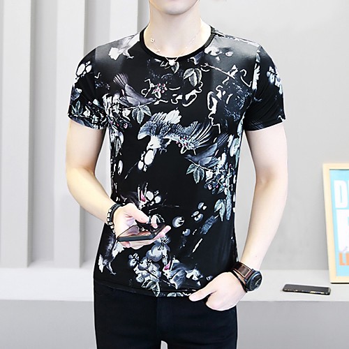 

Men's Daily Club Basic / Street chic T-shirt - Scenery / Animal / Tribal Crane / Cherry / Fantastic Beasts, Jacquard / Print Black