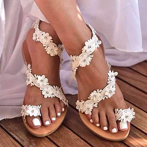 

Women's Sandals Boho Flat Heel Round Toe PU Summer White