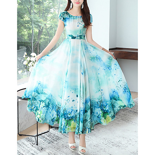 

Women's Maxi Blushing Pink Green Dress Swing Floral M L