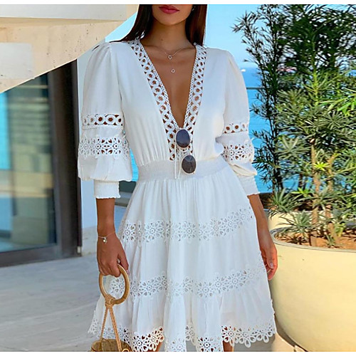 

Women's White Dress A Line Solid Color Deep V S M