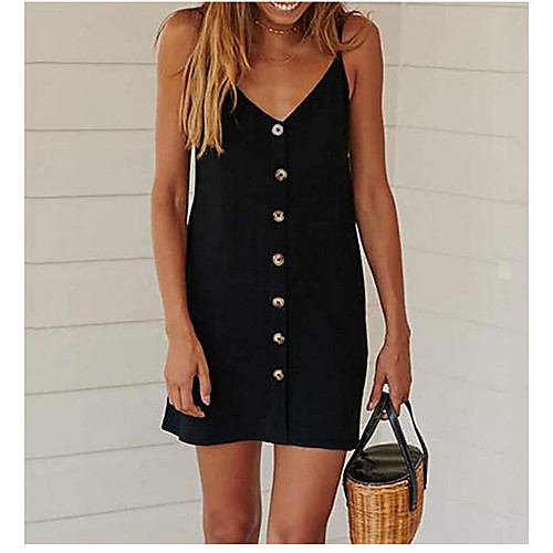 

Women's Red White Dress Shift Solid Color Strap V Neck S M