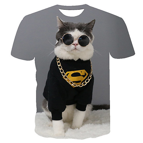 

Men's Daily Going out Basic T-shirt - Geometric / 3D / Animal Cat, Print Gray