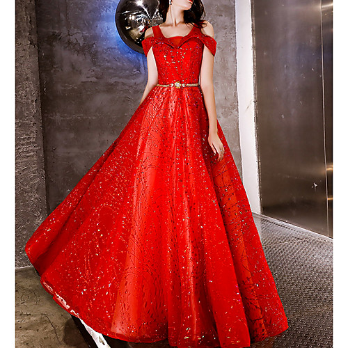 

A-Line V Neck Floor Length Polyester Luxurious / Red Engagement / Prom Dress with Sequin / Sash / Ribbon 2020