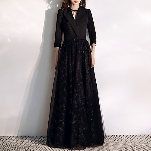 

A-Line V Neck Floor Length Spandex / Tulle Glittering / Black Prom / Formal Evening Dress with Sequin 2020