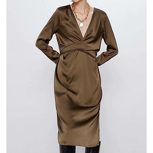 

Women's Brown Dress Sheath Solid Color V Neck S M