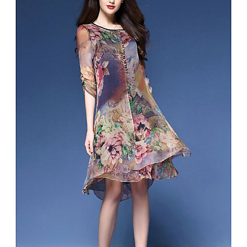 

Women's Blue Dress Tunics Spring & Summer Holiday Vacation Sheath Floral M L