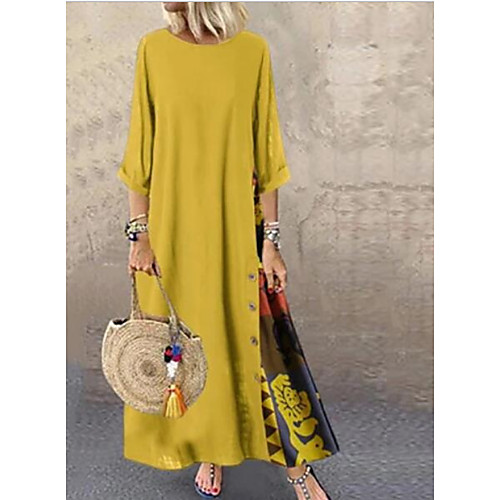 

Women's Maxi Yellow Red Dress Shift Floral Solid Color V Neck M L Loose