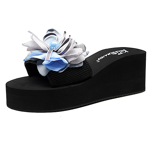

Women's Slippers & Flip-Flops Wedge Heel Open Toe Bowknot / Imitation Pearl / Satin Flower Polyester Sweet / Minimalism Walking Shoes Summer Light Blue