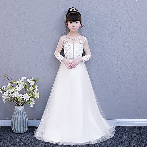 

Princess Chapel Train Wedding / Party Communion Dresses - Tulle Long Sleeve Illusion Neck / Jewel Neck with Lace