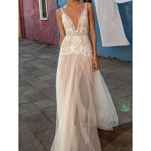 

A-Line Plunging Neck Sweep / Brush Train Polyester Sleeveless Country Plus Size Wedding Dresses with Lace Insert / Appliques 2020