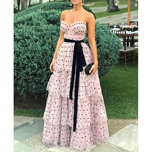 

A-Line Sweetheart Neckline Floor Length Polyester Sexy / Pink Engagement / Prom Dress with Sash / Ribbon / Tier / Pattern / Print 2020