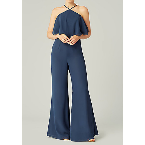 

Jumpsuits Halter Neck Floor Length Polyester Bridesmaid Dress with Ruffles