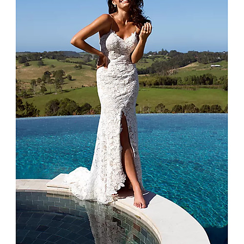 

Sheath / Column V Neck Floor Length Polyester / Lace Sleeveless Casual / Beach Plus Size Wedding Dresses with Appliques / Split Front 2020